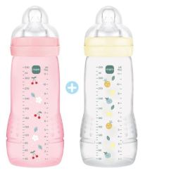 MAM - LOT DE 2 Biberon Easy Active 2ème âge 330ml 6mois+ débit très rapide JAUNE & ROSE