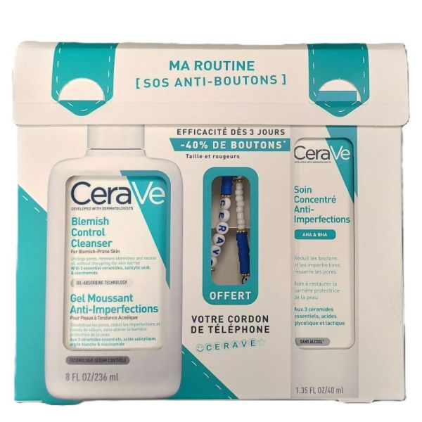 Cerave Coffret Anti-boutons Gel moussant + Soin concentré + Bijou de téléphone offert