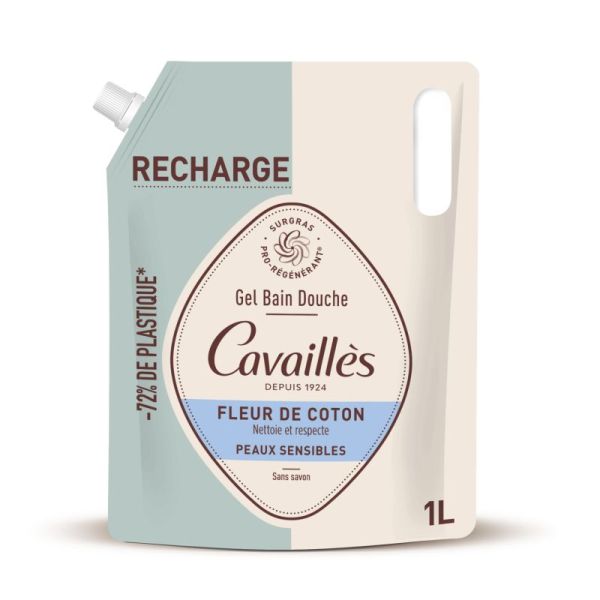 Cavaillès Eco-Recharge Gel Bain & Douche Fleur de Coton – Peaux Sensibles 1L