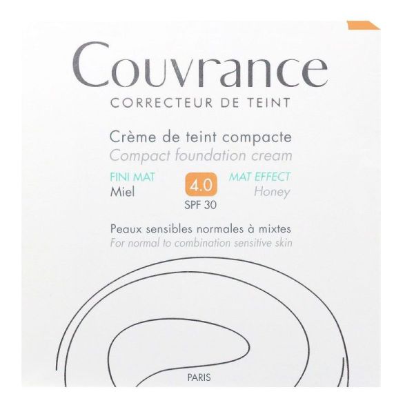 Eau Thermale Avène - Couvrance - Crème de teint compacte Fini mat poudré naturel Miel N°4.0 - peaux dorées et sensibles