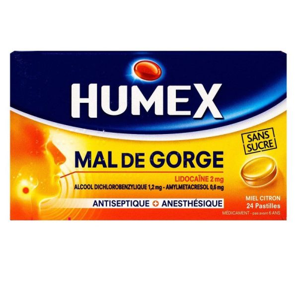 Lidocaïne mal de gorge miel citron sans sucre 24 pastilles